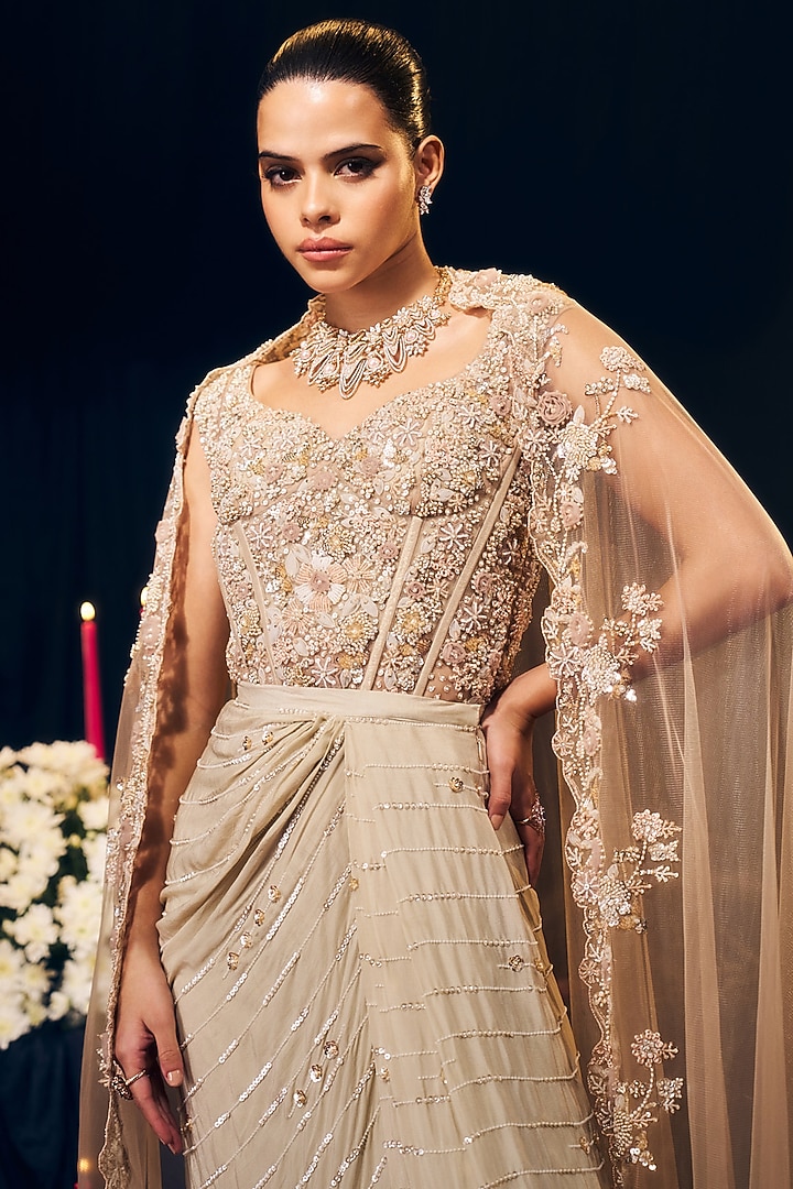 Nude Crepe & Net Pre-Draped Skirt Set by Suruchi Parakh at Pernia's Pop Up Shop