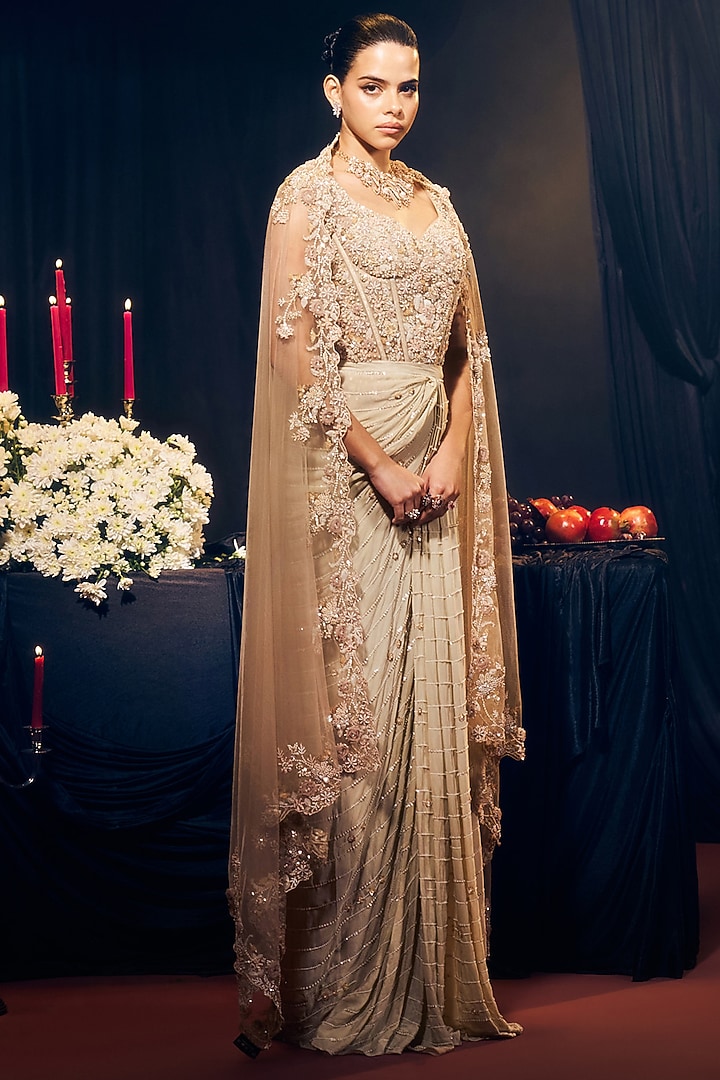 Nude Crepe & Net Pre-Draped Skirt Set by Suruchi Parakh at Pernia's Pop Up Shop
