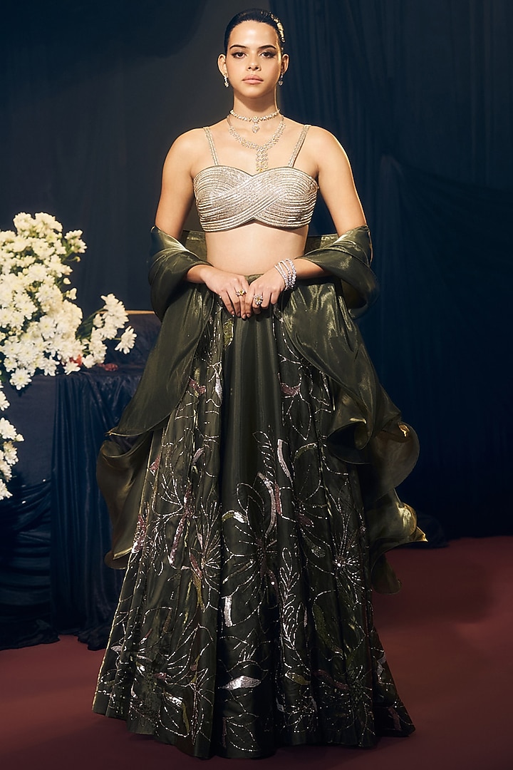 Green Tissue Organza Silk Pitta Hand Work Wedding Lehenga Set by Suruchi Parakh at Pernia's Pop Up Shop