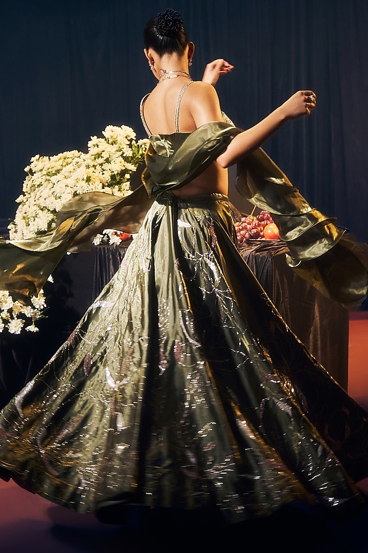 Green Tissue Organza Silk Pitta Hand Work Wedding Lehenga Set by Suruchi Parakh at Pernia's Pop Up Shop