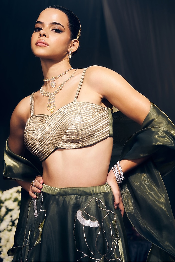 Green Tissue Organza Silk Pitta Hand Work Wedding Lehenga Set by Suruchi Parakh at Pernia's Pop Up Shop