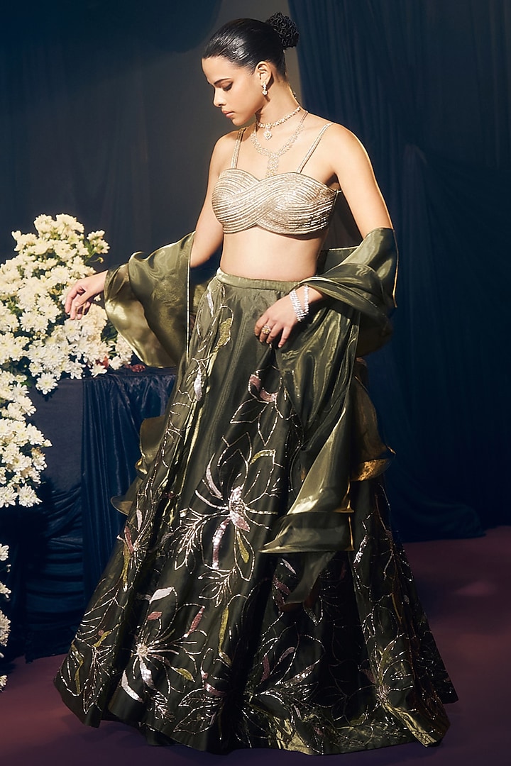 Green Tissue Organza Silk Pitta Hand Work Wedding Lehenga Set by Suruchi Parakh at Pernia's Pop Up Shop