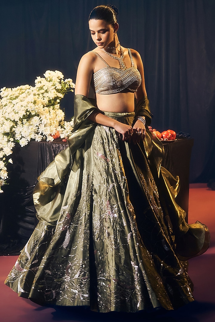 Green Tissue Organza Silk Pitta Hand Work Wedding Lehenga Set by Suruchi Parakh at Pernia's Pop Up Shop