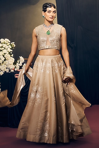 Nude Tissue Organza Silk Sequins Work Lehenga Set by Suruchi Parakh