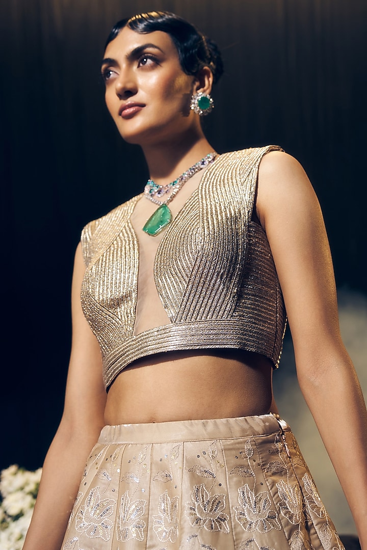Nude Tissue Organza Silk Sequins Work Wedding Lehenga Set by Suruchi Parakh at Pernia's Pop Up Shop