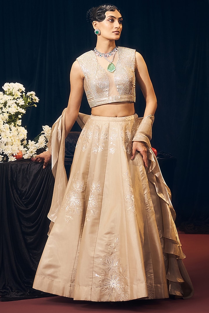 Nude Tissue Organza Silk Sequins Work Wedding Lehenga Set by Suruchi Parakh at Pernia's Pop Up Shop