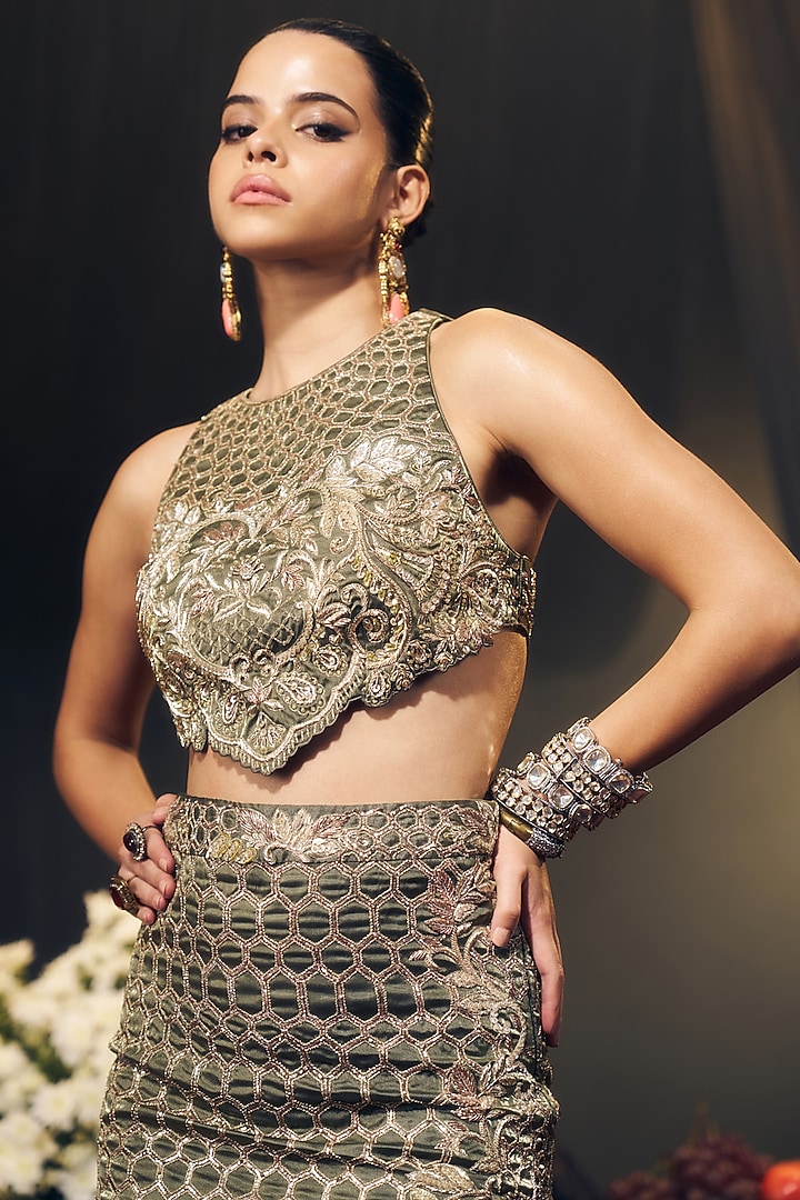Green Tissue Organza Silk Cutwork Skirt Set by Suruchi Parakh at Pernia's Pop Up Shop