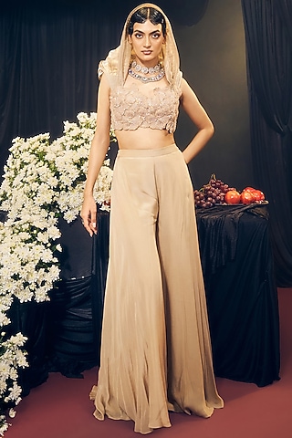 Nude Tissue Organza Silk Pant Set by Suruchi Parakh