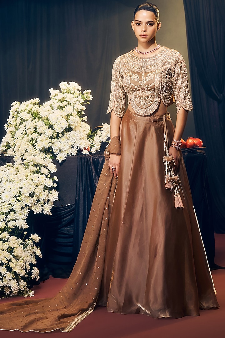 Brown Tissue Organza Silk Wedding Lehenga Set by Suruchi Parakh at Pernia's Pop Up Shop