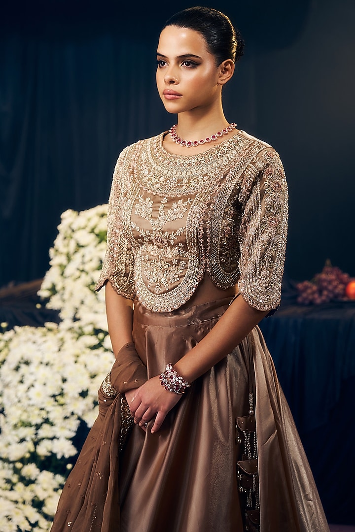 Brown Tissue Organza Silk Wedding Lehenga Set by Suruchi Parakh at Pernia's Pop Up Shop