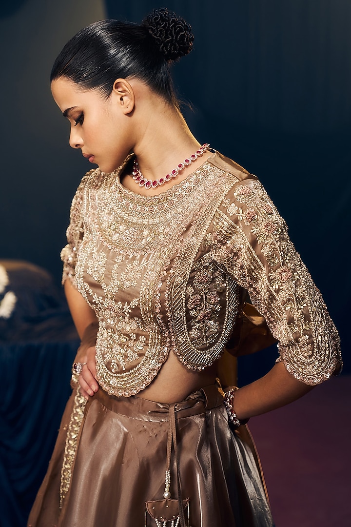 Brown Tissue Organza Silk Wedding Lehenga Set by Suruchi Parakh at Pernia's Pop Up Shop