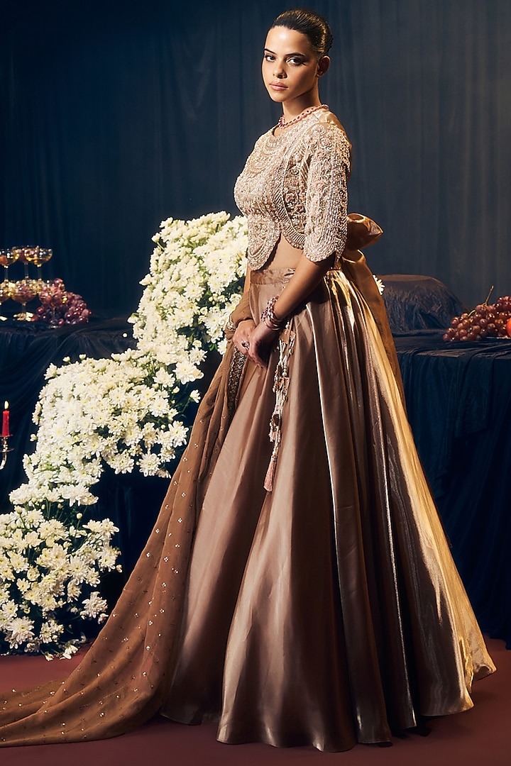 Brown Tissue Organza Silk Wedding Lehenga Set by Suruchi Parakh at Pernia's Pop Up Shop
