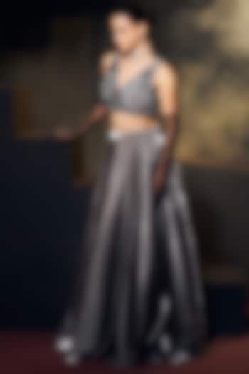 Grey & Black Tissue Organza Silk Zardosi Work Wedding Lehenga Set by Suruchi Parakh at Pernia's Pop Up Shop