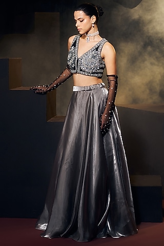 Grey & Black Tissue Organza Silk Zardosi Work Lehenga Set by Suruchi Parakh