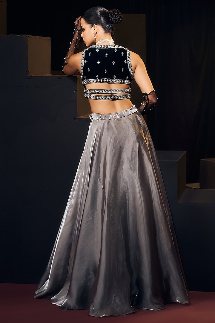 Grey & Black Tissue Organza Silk Zardosi Work Wedding Lehenga Set by Suruchi Parakh at Pernia's Pop Up Shop