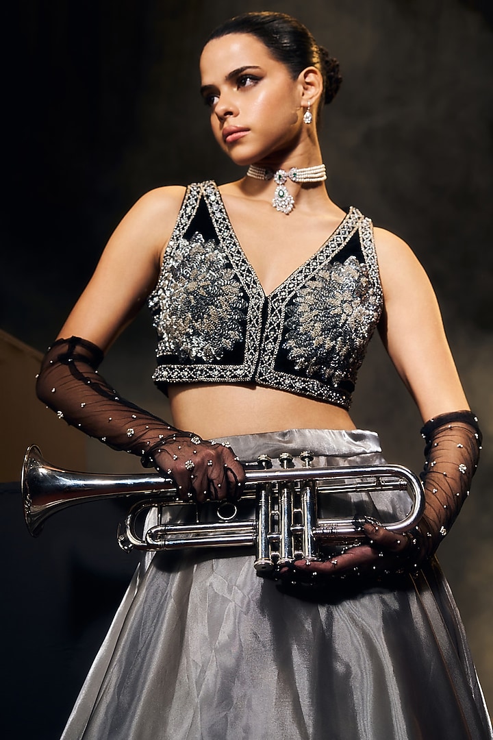Grey & Black Tissue Organza Silk Zardosi Work Wedding Lehenga Set by Suruchi Parakh at Pernia's Pop Up Shop