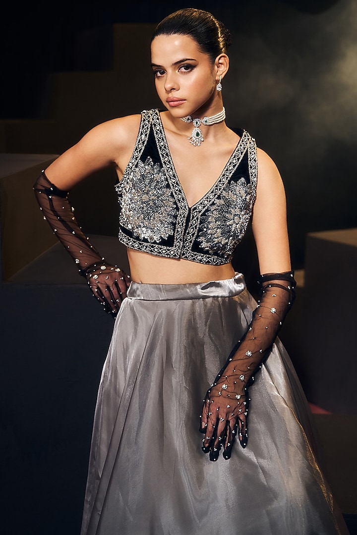 Grey & Black Tissue Organza Silk Zardosi Work Wedding Lehenga Set by Suruchi Parakh at Pernia's Pop Up Shop