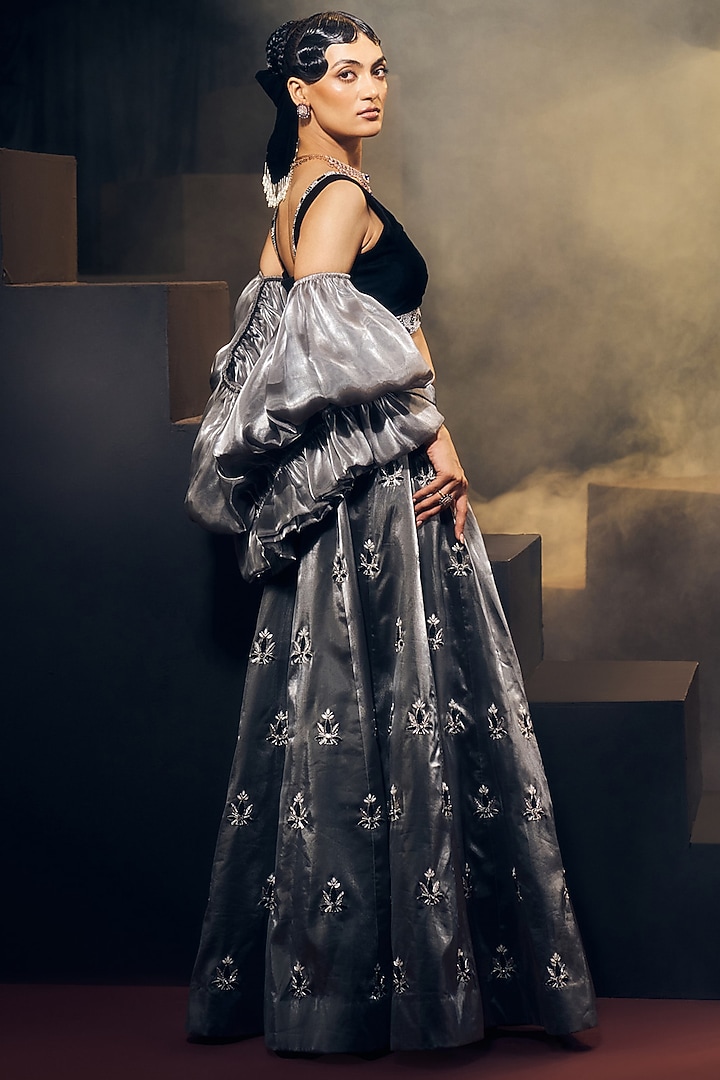 Grey & Black Tissue Organza Silk Zardosi Work Wedding Lehenga Set by Suruchi Parakh at Pernia's Pop Up Shop