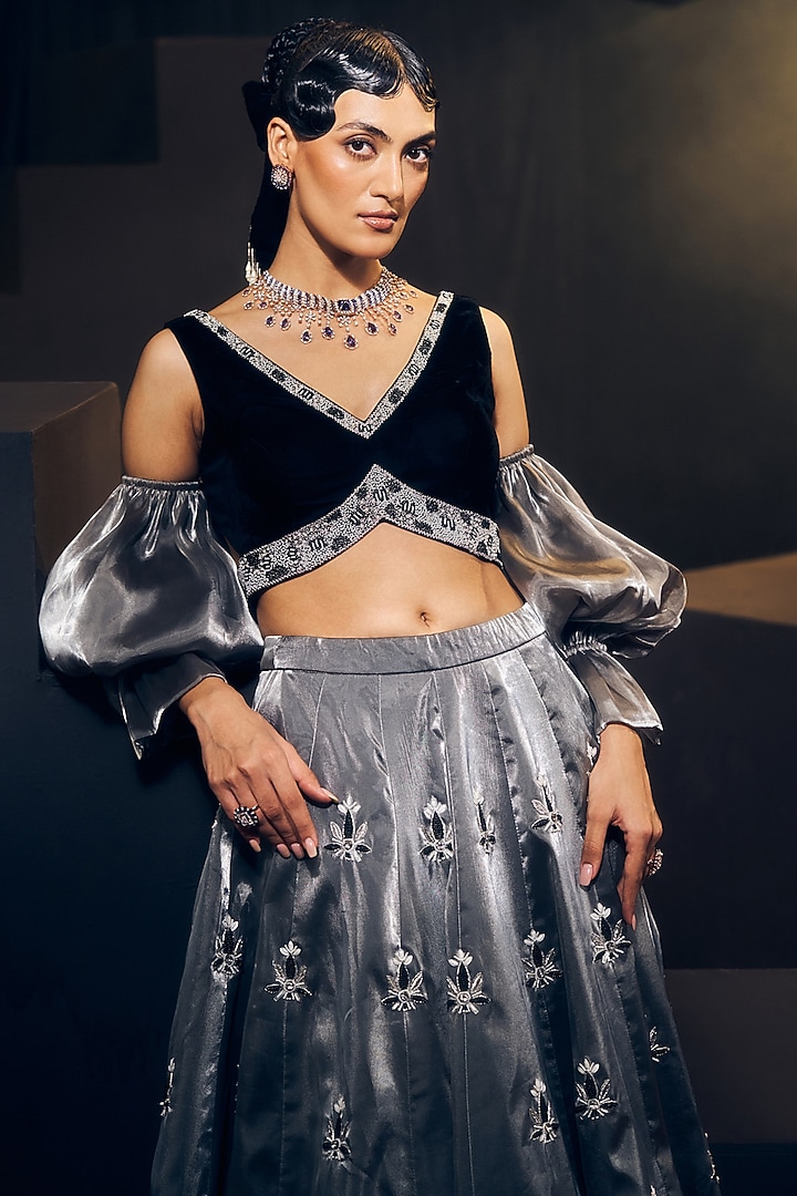 Grey & Black Tissue Organza Silk Zardosi Work Wedding Lehenga Set by Suruchi Parakh at Pernia's Pop Up Shop