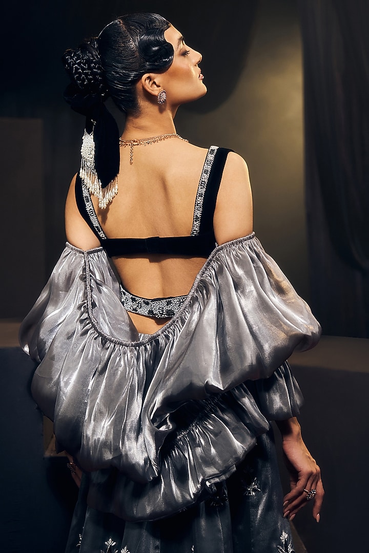 Grey & Black Tissue Organza Silk Zardosi Work Wedding Lehenga Set by Suruchi Parakh at Pernia's Pop Up Shop