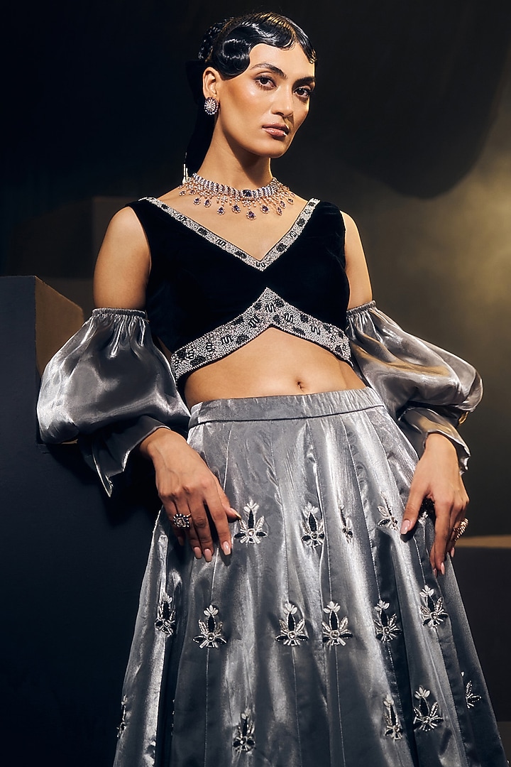 Grey & Black Tissue Organza Silk Zardosi Work Wedding Lehenga Set by Suruchi Parakh at Pernia's Pop Up Shop