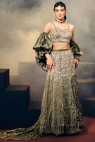 Green Tissue Organza Silk Zardosi Work Lehenga Set by Suruchi Parakh