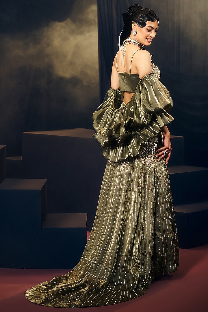 Green Tissue Organza Silk Zardosi Work Bridal Lehenga Set by Suruchi Parakh at Pernia's Pop Up Shop