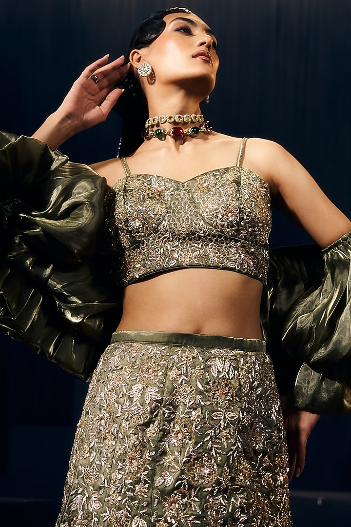 Green Tissue Organza Silk Zardosi Work Bridal Lehenga Set by Suruchi Parakh at Pernia's Pop Up Shop