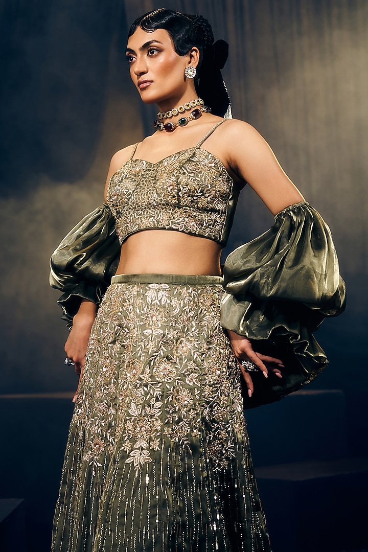 Green Tissue Organza Silk Zardosi Work Bridal Lehenga Set by Suruchi Parakh at Pernia's Pop Up Shop
