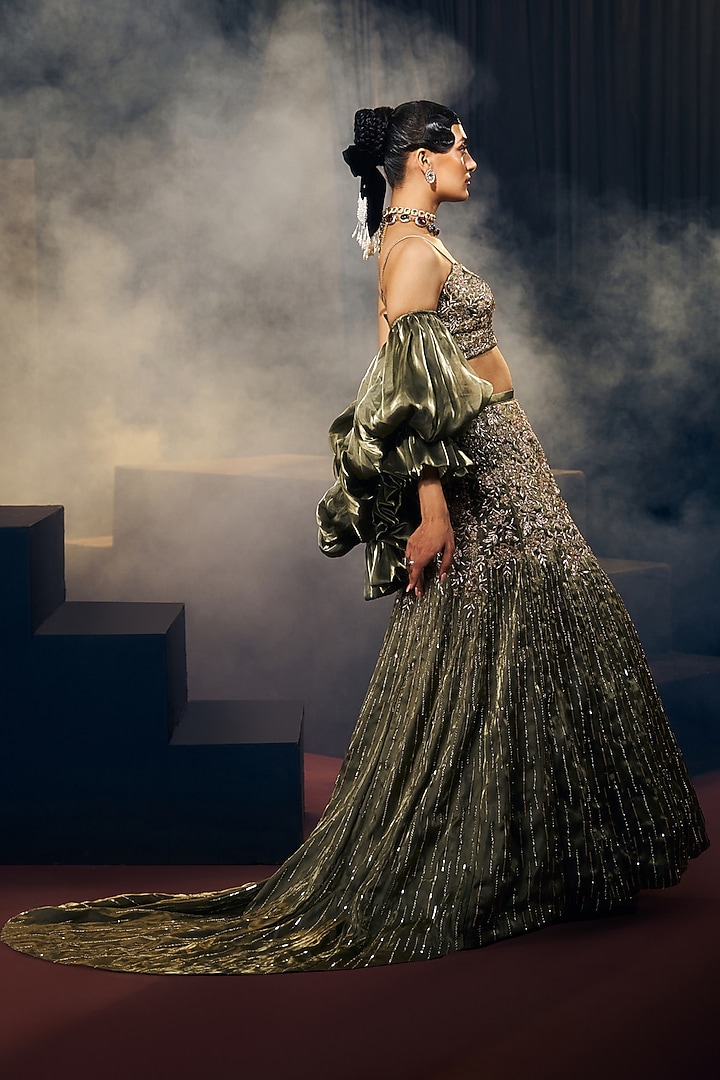 Green Tissue Organza Silk Zardosi Work Bridal Lehenga Set by Suruchi Parakh at Pernia's Pop Up Shop