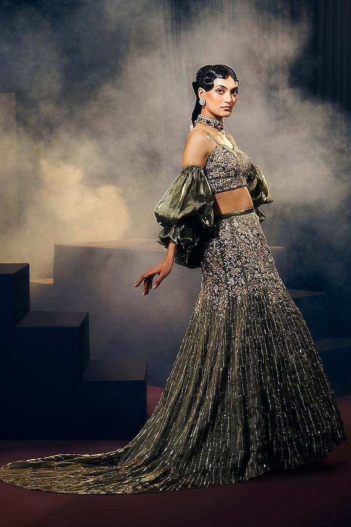 Green Tissue Organza Silk Zardosi Work Bridal Lehenga Set by Suruchi Parakh at Pernia's Pop Up Shop