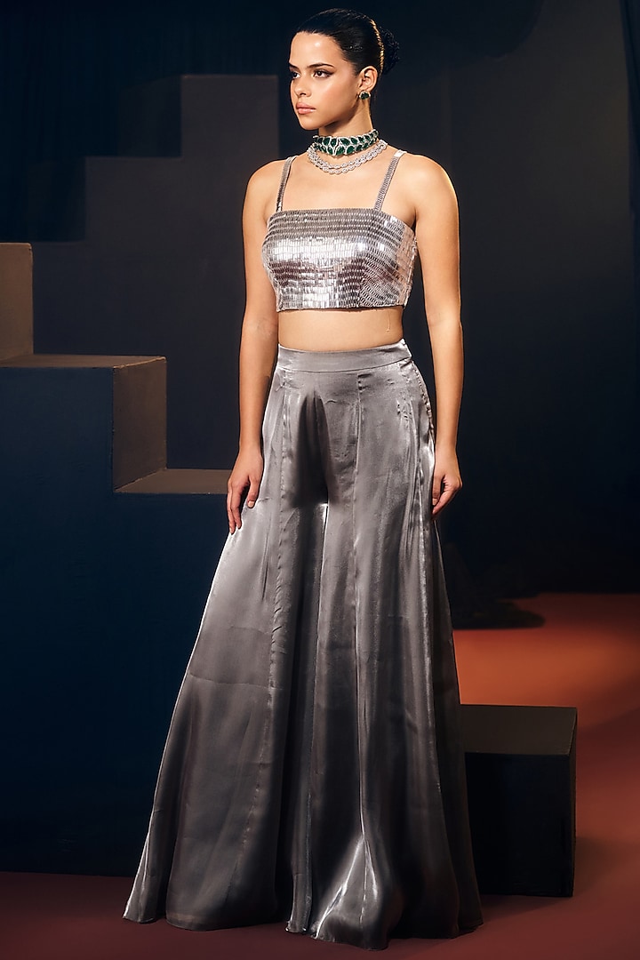 Grey Tissue Organza Silk Pant Set by Suruchi Parakh at Pernia's Pop Up Shop