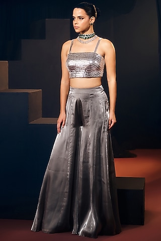 Grey Tissue Organza Silk Pant Set by Suruchi Parakh