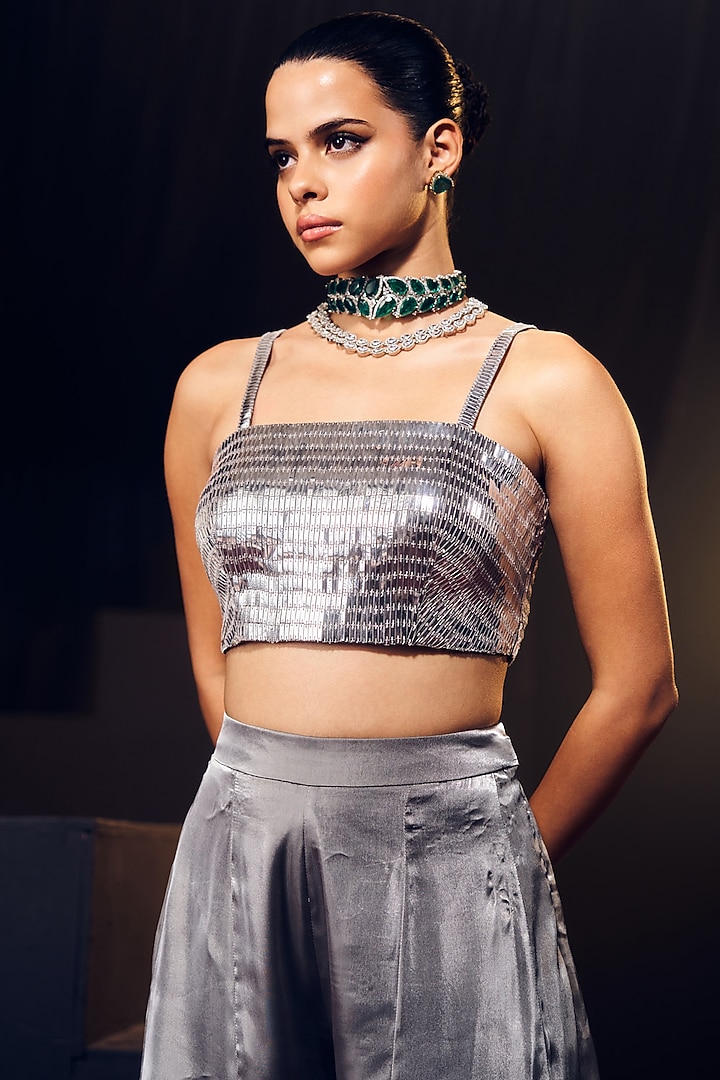 Grey Tissue Organza Silk Pant Set by Suruchi Parakh at Pernia's Pop Up Shop