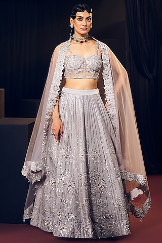 Green Tissue Organza Silk Zari Work Lehenga Set by Suruchi Parakh