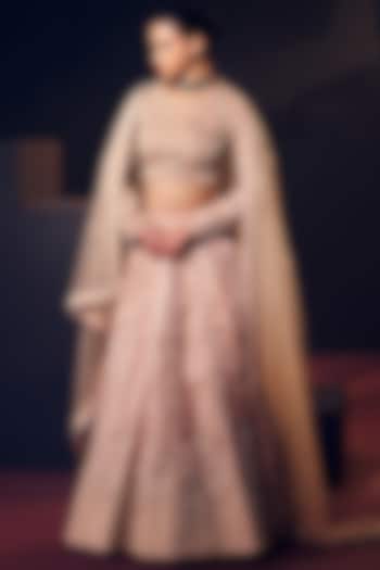 Pastel Pink Tissue Organza Silk Zardosi Embroidered Bridal Lehenga Set by Suruchi Parakh at Pernia's Pop Up Shop
