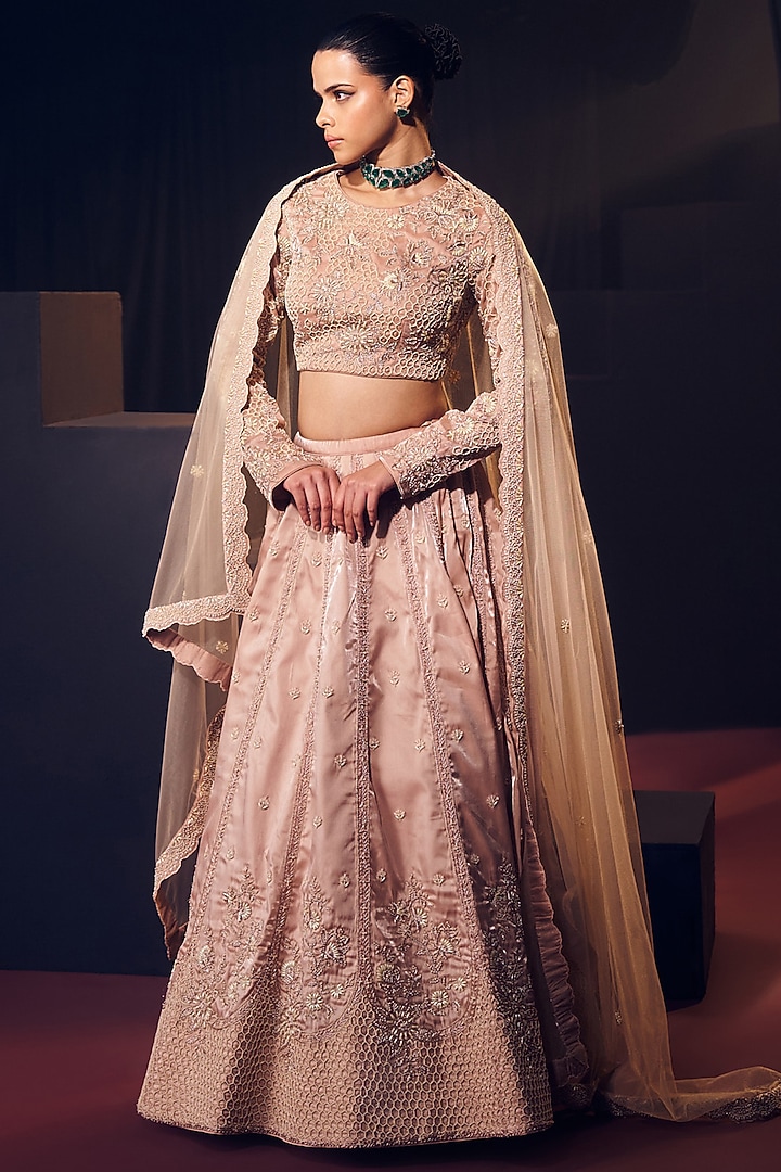 Pastel Pink Tissue Organza Silk Zardosi Embroidered Bridal Lehenga Set by Suruchi Parakh at Pernia's Pop Up Shop