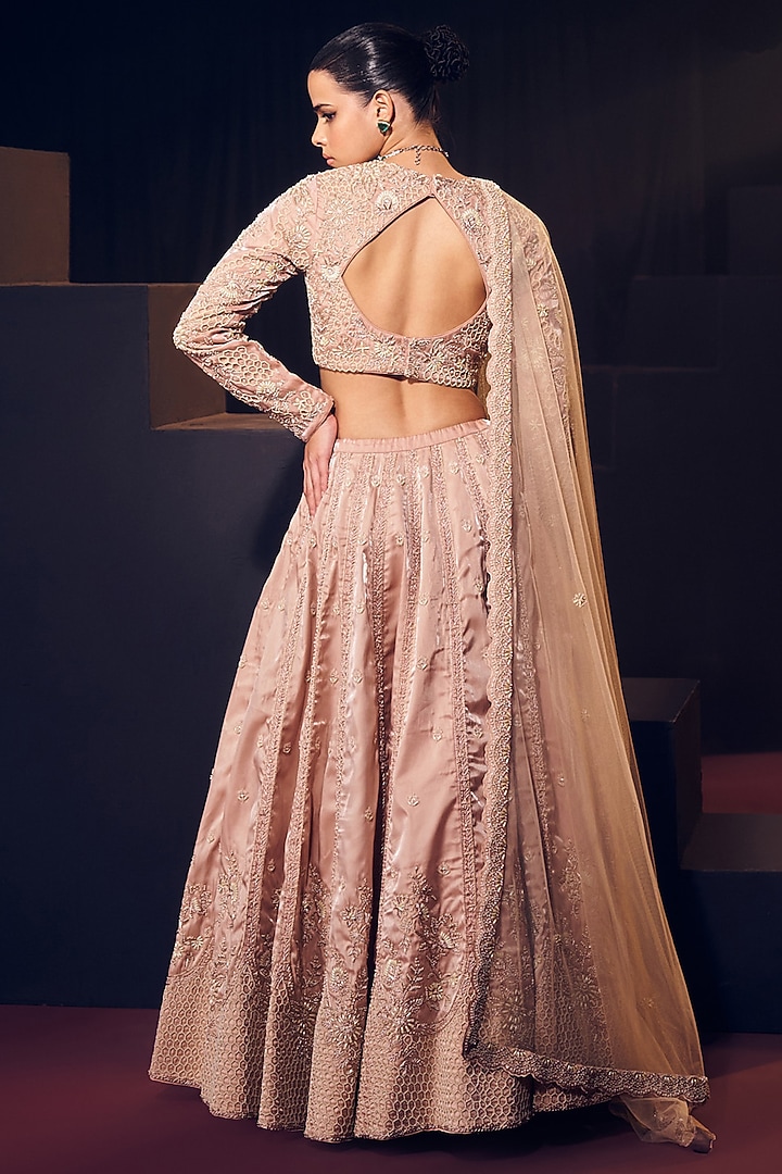 Pastel Pink Tissue Organza Silk Zardosi Embroidered Bridal Lehenga Set by Suruchi Parakh at Pernia's Pop Up Shop