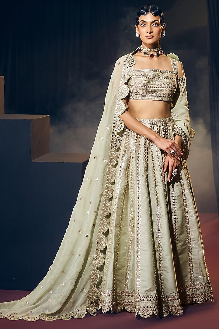 Sea Green Tissue Organza Silk Zari & Mirror Work Wedding Lehenga Set by Suruchi Parakh at Pernia's Pop Up Shop