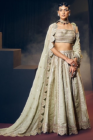 Sea Green Tissue Organza Silk Zari & Mirror Work Lehenga Set by Suruchi Parakh