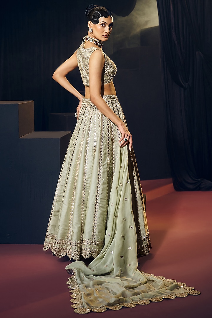 Sea Green Tissue Organza Silk Zari & Mirror Work Wedding Lehenga Set by Suruchi Parakh at Pernia's Pop Up Shop
