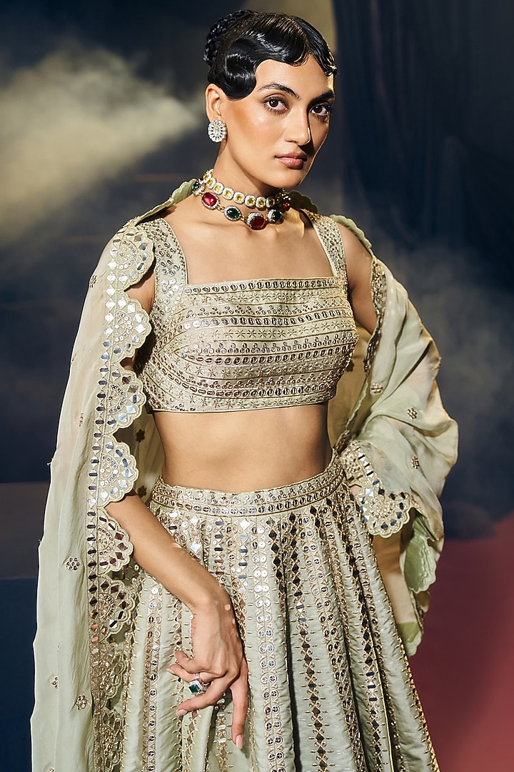 Sea Green Tissue Organza Silk Zari & Mirror Work Wedding Lehenga Set by Suruchi Parakh at Pernia's Pop Up Shop