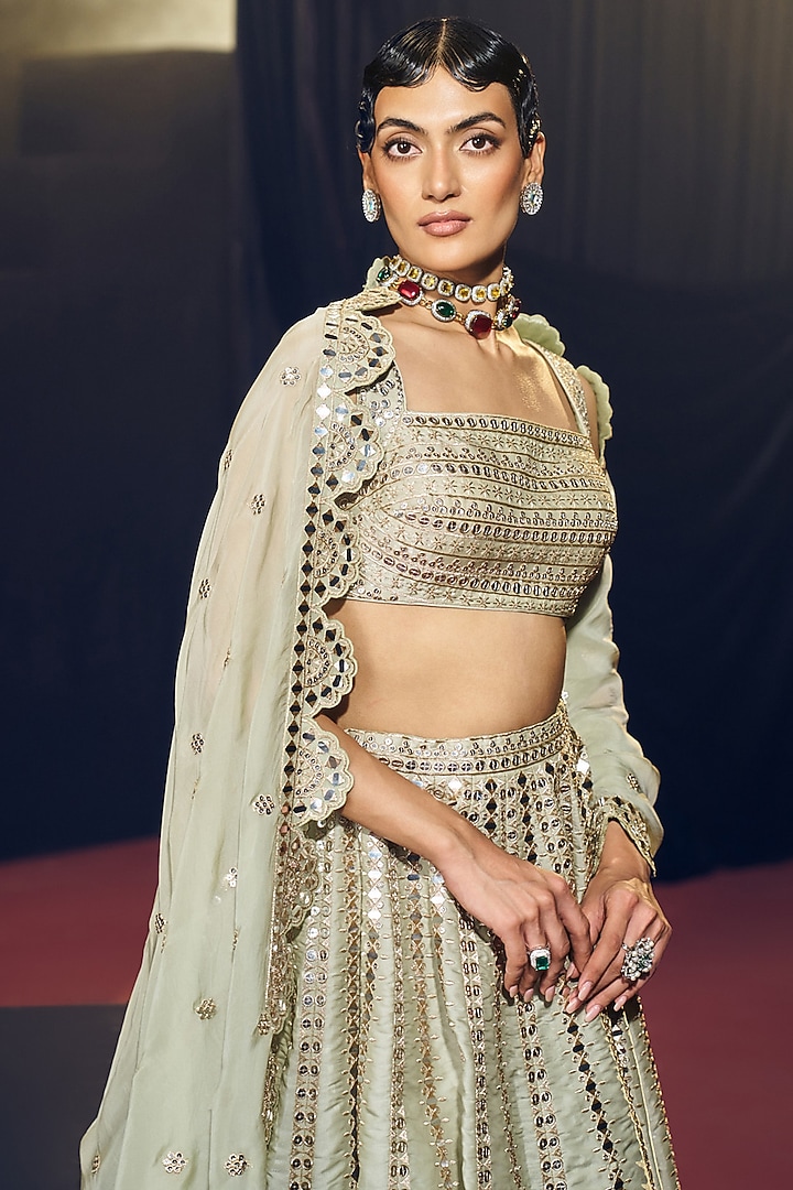Sea Green Tissue Organza Silk Zari & Mirror Work Wedding Lehenga Set by Suruchi Parakh at Pernia's Pop Up Shop