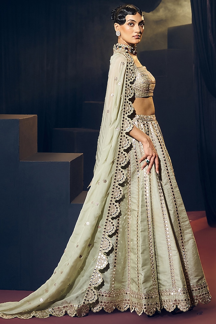 Sea Green Tissue Organza Silk Zari & Mirror Work Wedding Lehenga Set by Suruchi Parakh at Pernia's Pop Up Shop