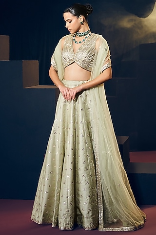 Sea Green Tissue Organza Silk Zari & Mirror Work Lehenga Set by Suruchi Parakh