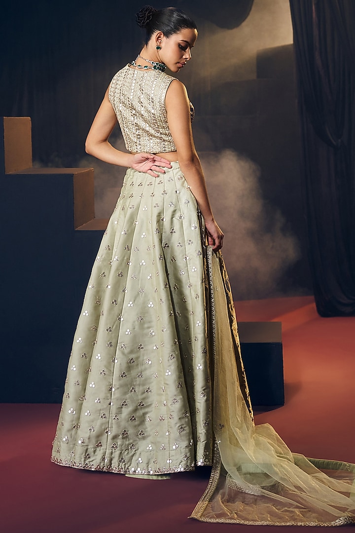 Sea Green Tissue Organza Silk Zari & Mirror Work Wedding Lehenga Set by Suruchi Parakh at Pernia's Pop Up Shop