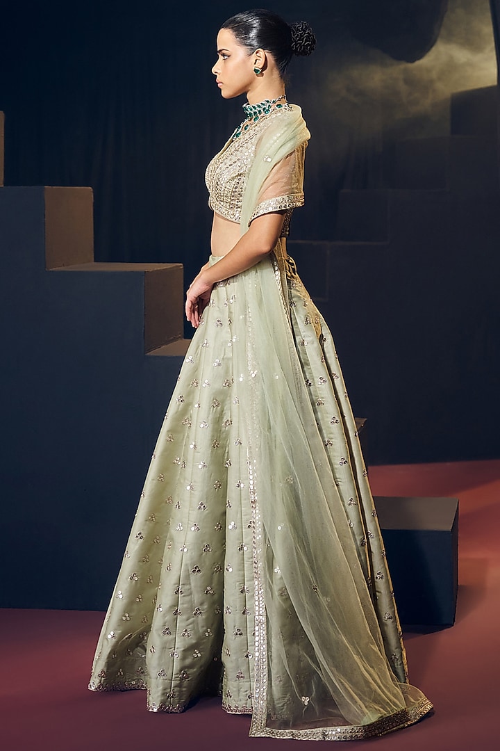 Sea Green Tissue Organza Silk Zari & Mirror Work Wedding Lehenga Set by Suruchi Parakh at Pernia's Pop Up Shop