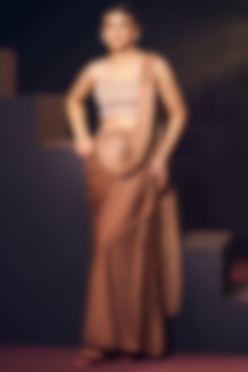 Dark Nude Tissue Organza Silk & Satin Silk Pre-Draped Wedding Saree Set by Suruchi Parakh at Pernia's Pop Up Shop