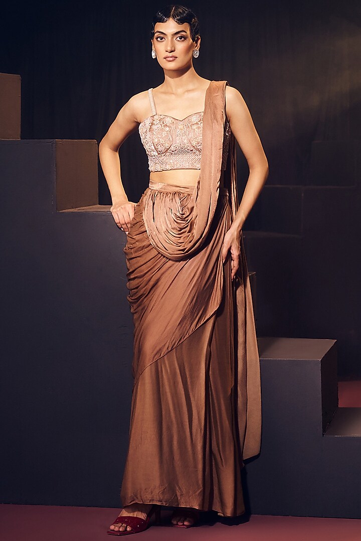 Dark Nude Tissue Organza Silk & Satin Silk Pre-Draped Wedding Saree Set by Suruchi Parakh at Pernia's Pop Up Shop