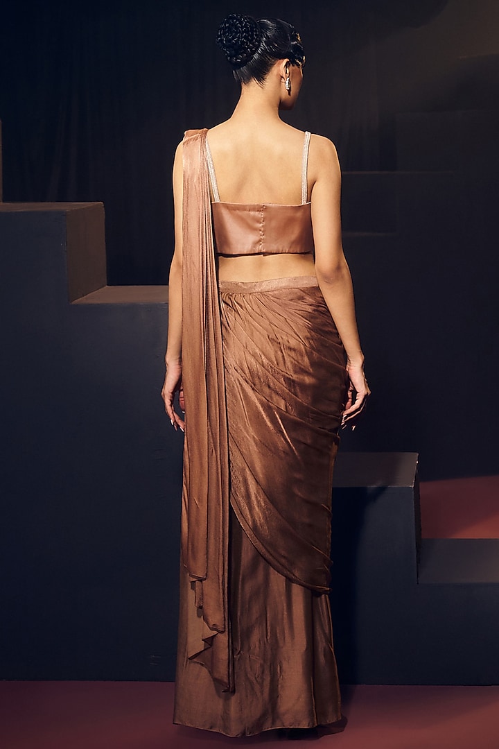 Dark Nude Tissue Organza Silk & Satin Silk Pre-Draped Wedding Saree Set by Suruchi Parakh at Pernia's Pop Up Shop